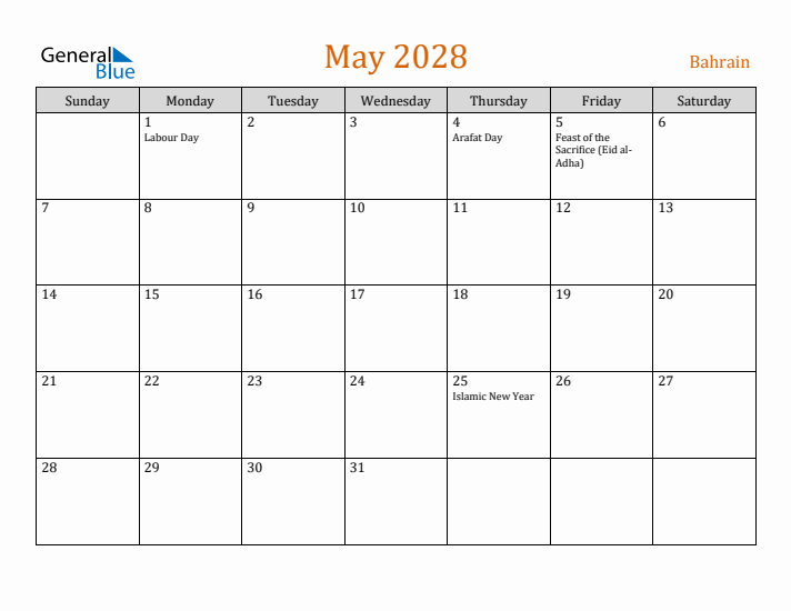 May 2028 Holiday Calendar with Sunday Start