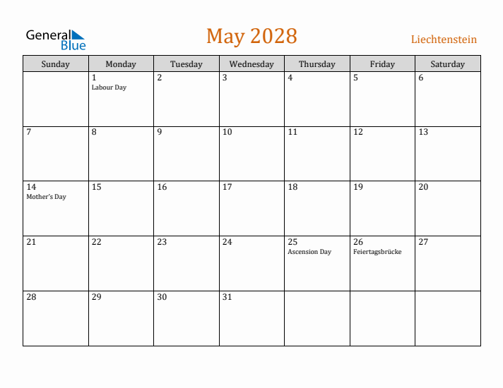May 2028 Holiday Calendar with Sunday Start