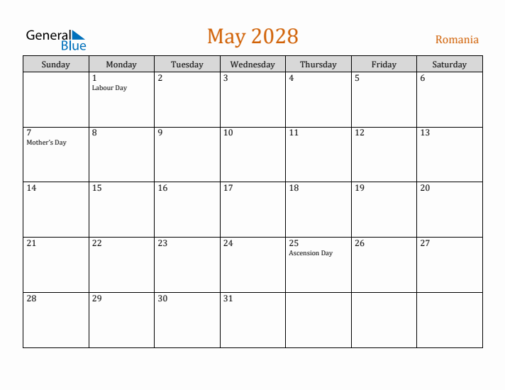 May 2028 Holiday Calendar with Sunday Start