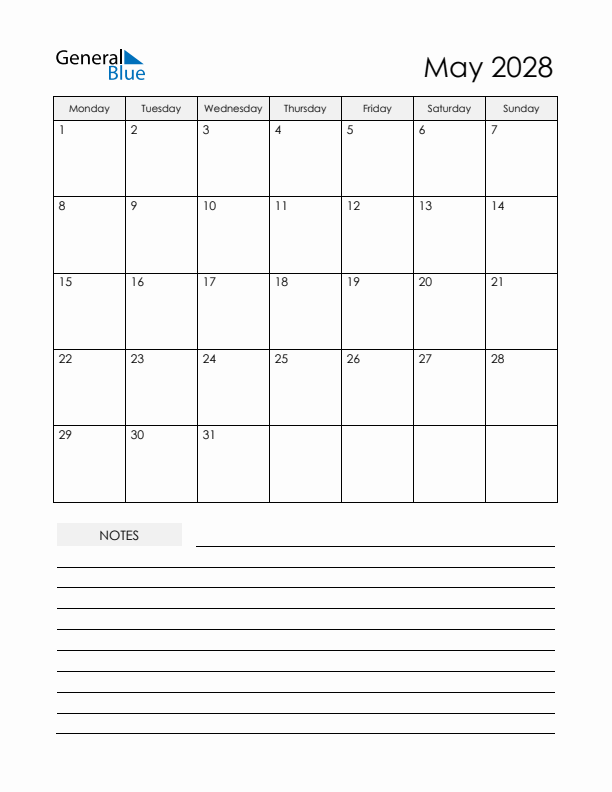 Printable Calendar with Notes - May 2028 