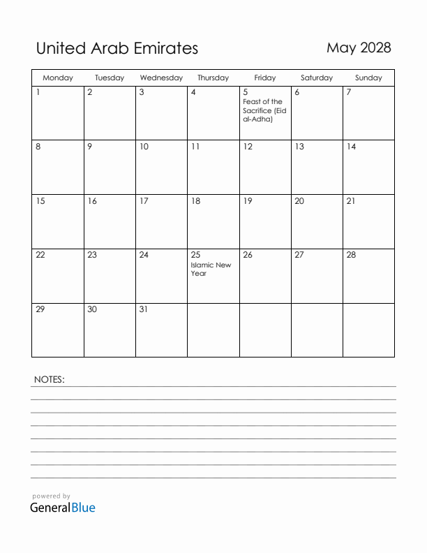 May 2028 United Arab Emirates Calendar with Holidays (Monday Start)