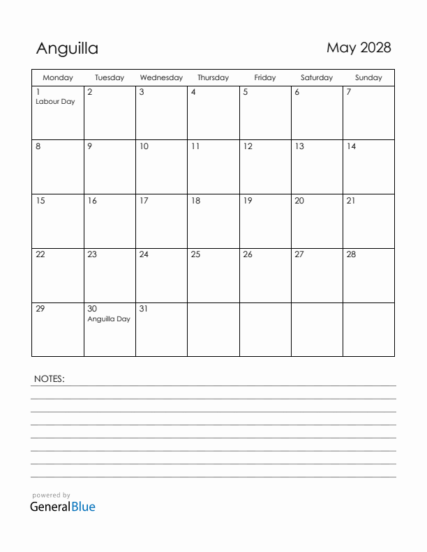 May 2028 Anguilla Calendar with Holidays (Monday Start)