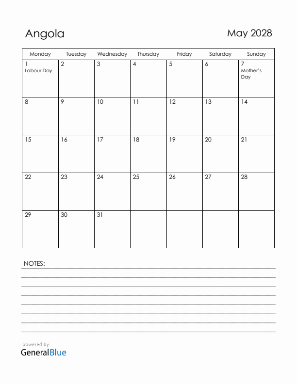 May 2028 Angola Calendar with Holidays (Monday Start)