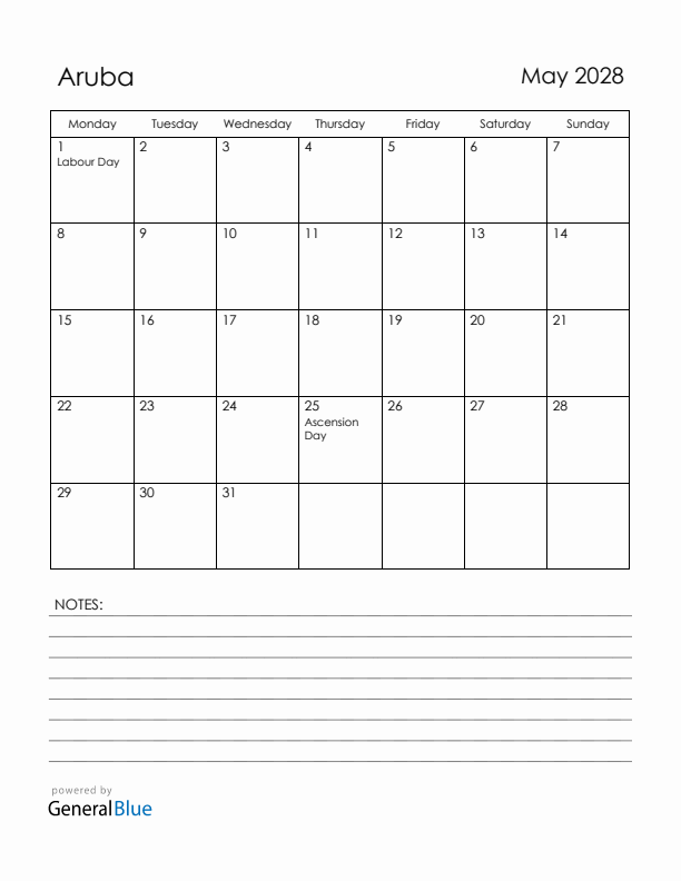 May 2028 Aruba Calendar with Holidays (Monday Start)