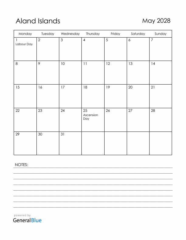 May 2028 Aland Islands Calendar with Holidays (Monday Start)