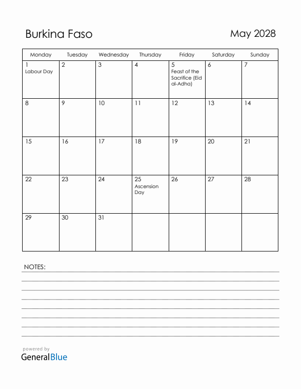 May 2028 Burkina Faso Calendar with Holidays (Monday Start)