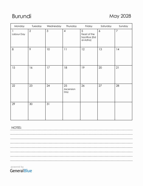 May 2028 Burundi Calendar with Holidays (Monday Start)