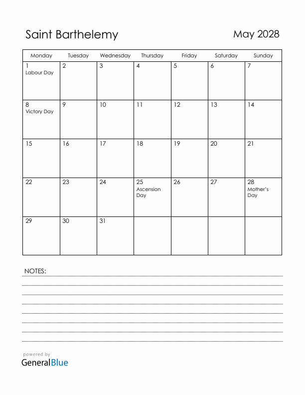 May 2028 Saint Barthelemy Calendar with Holidays (Monday Start)