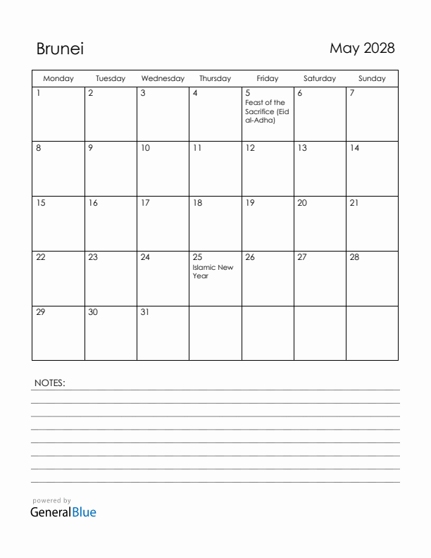 May 2028 Brunei Calendar with Holidays (Monday Start)
