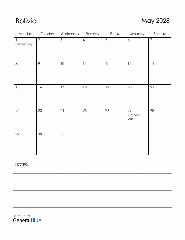 May 2028 Bolivia Calendar with Holidays (Monday Start)