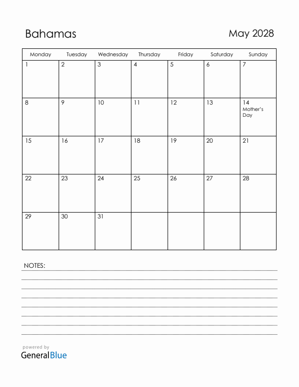 May 2028 Bahamas Calendar with Holidays (Monday Start)