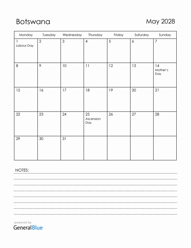 May 2028 Botswana Calendar with Holidays (Monday Start)