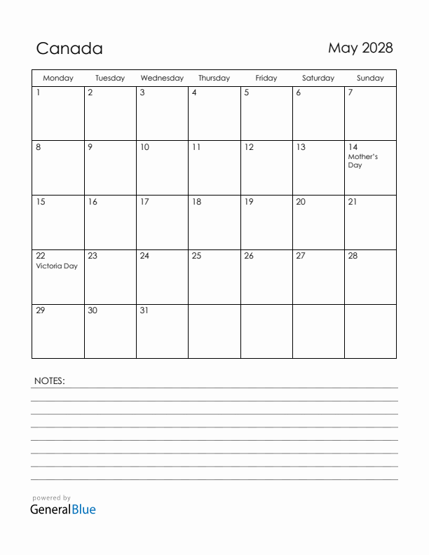 May 2028 Canada Calendar with Holidays (Monday Start)