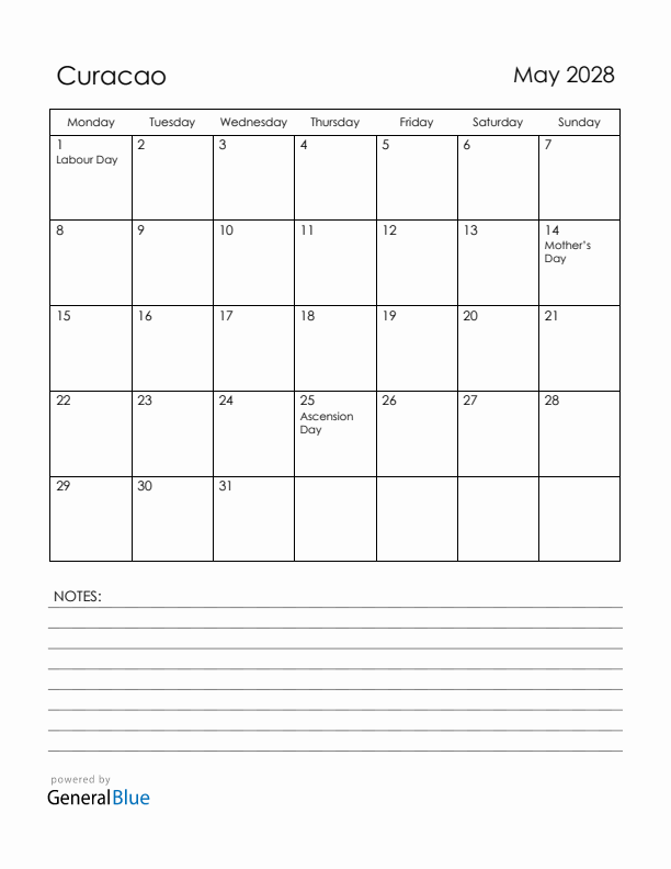 May 2028 Curacao Calendar with Holidays (Monday Start)