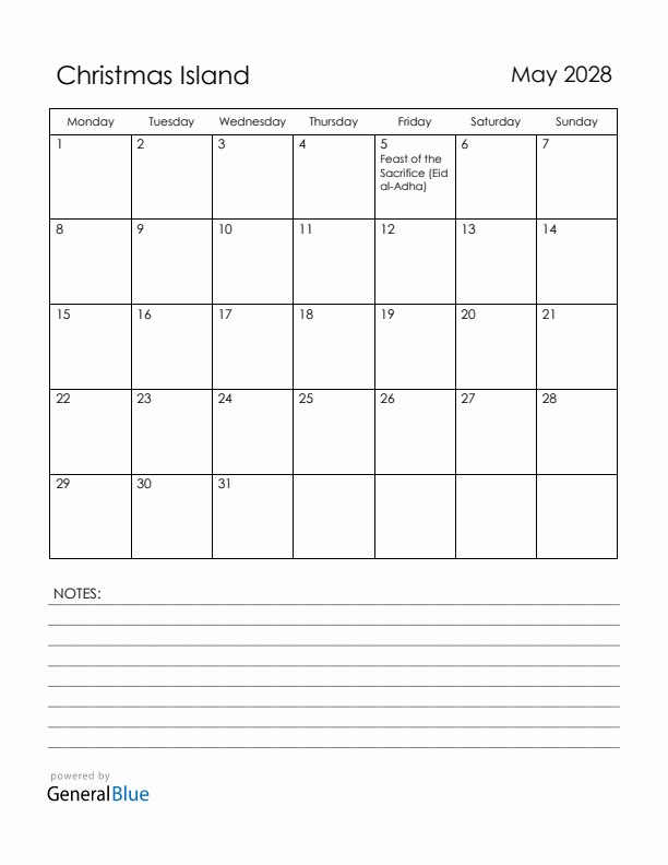 May 2028 Christmas Island Calendar with Holidays (Monday Start)