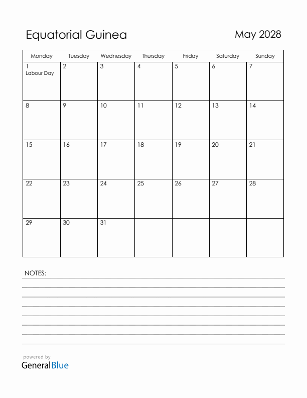 May 2028 Equatorial Guinea Calendar with Holidays (Monday Start)