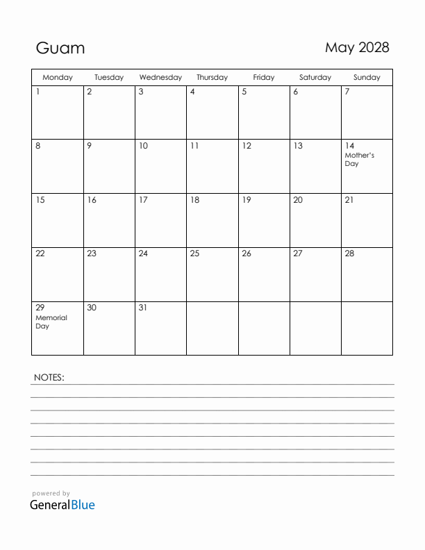 May 2028 Guam Calendar with Holidays (Monday Start)