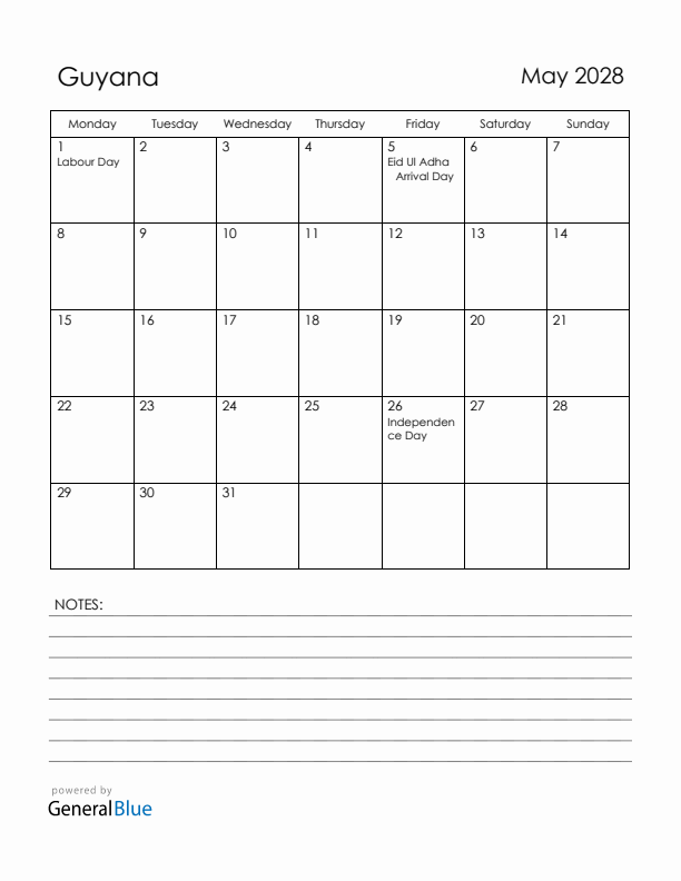 May 2028 Guyana Calendar with Holidays (Monday Start)