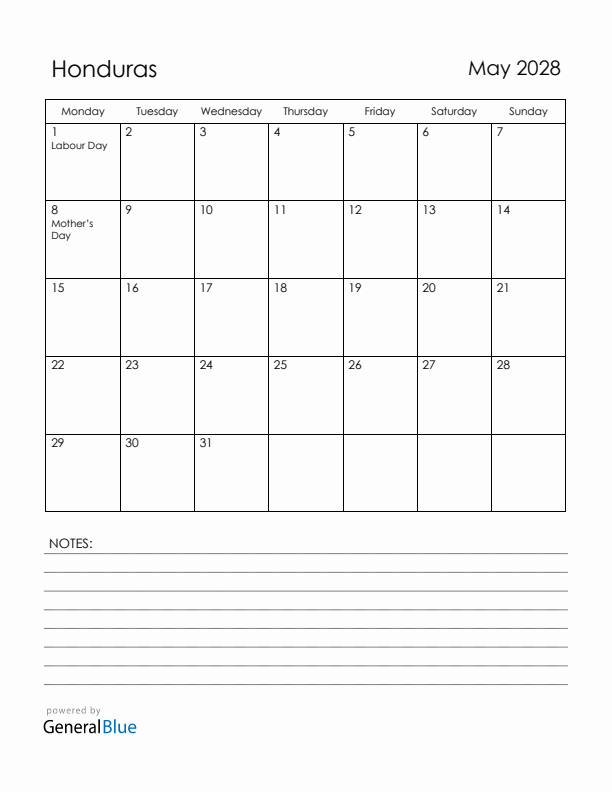 May 2028 Honduras Calendar with Holidays (Monday Start)