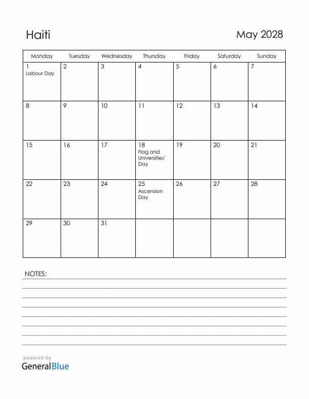 May 2028 Haiti Calendar with Holidays (Monday Start)