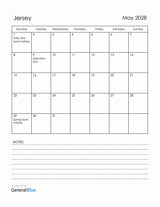 May 2028 Jersey Calendar with Holidays (Monday Start)