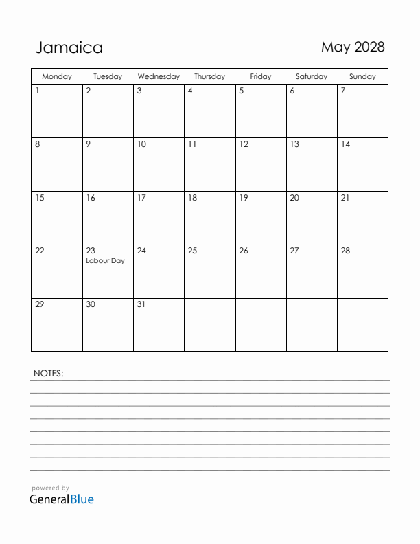 May 2028 Jamaica Calendar with Holidays (Monday Start)