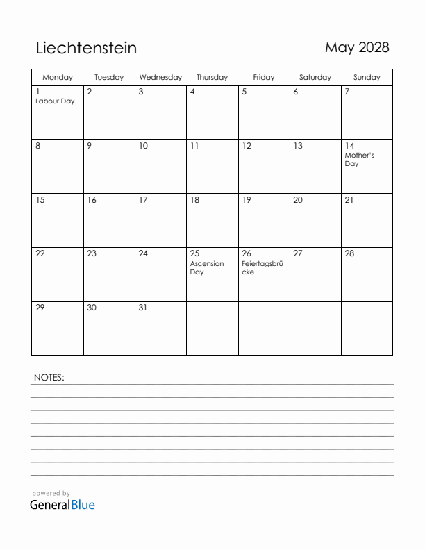 May 2028 Liechtenstein Calendar with Holidays (Monday Start)