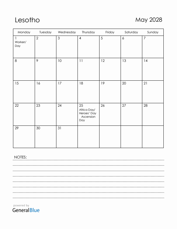 May 2028 Lesotho Calendar with Holidays (Monday Start)
