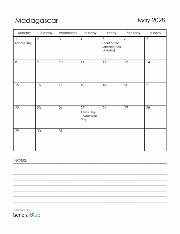 May 2028 Madagascar Calendar with Holidays (Monday Start)