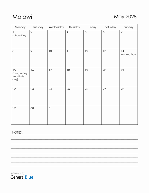 May 2028 Malawi Calendar with Holidays (Monday Start)
