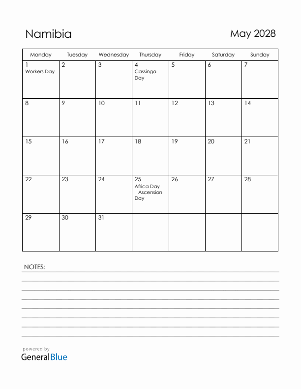 May 2028 Namibia Calendar with Holidays (Monday Start)