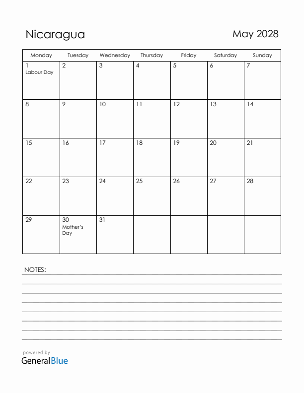 May 2028 Nicaragua Calendar with Holidays (Monday Start)