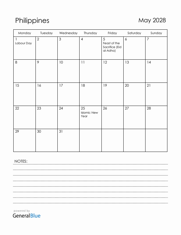 May 2028 Philippines Calendar with Holidays (Monday Start)