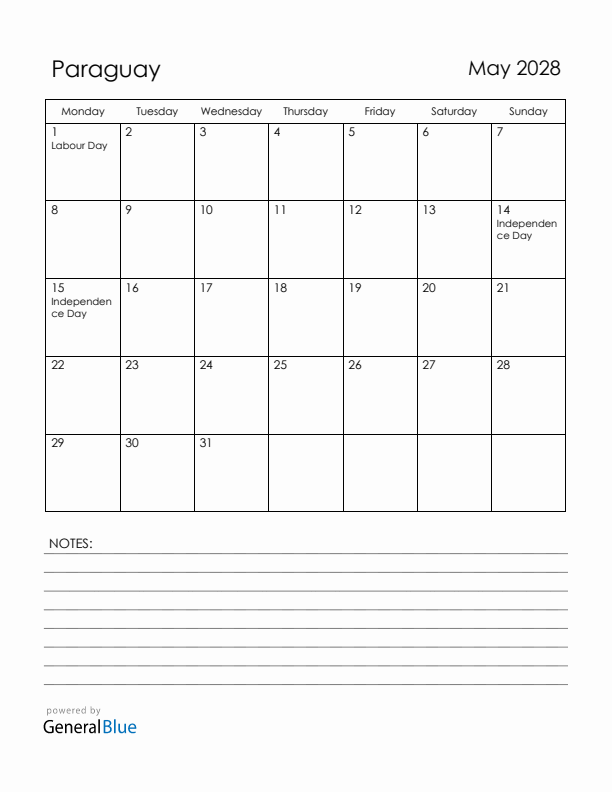 May 2028 Paraguay Calendar with Holidays (Monday Start)