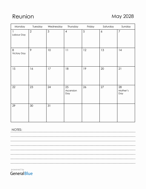 May 2028 Reunion Calendar with Holidays (Monday Start)
