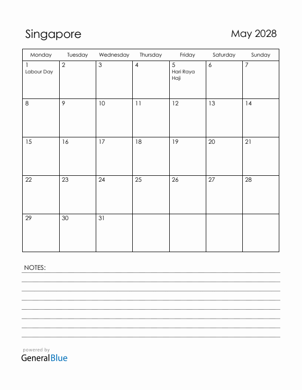 May 2028 Singapore Calendar with Holidays (Monday Start)