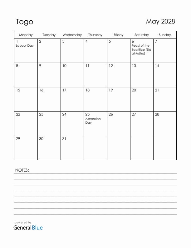 May 2028 Togo Calendar with Holidays (Monday Start)