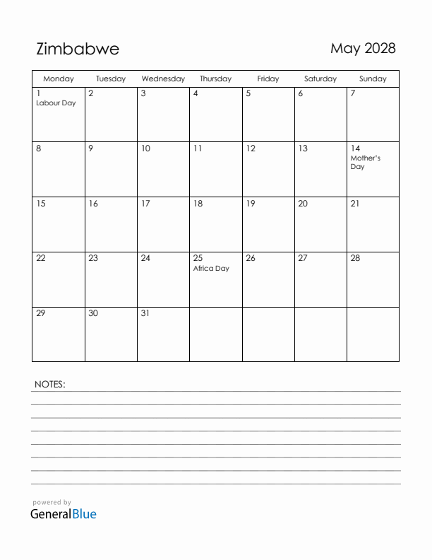May 2028 Zimbabwe Calendar with Holidays (Monday Start)