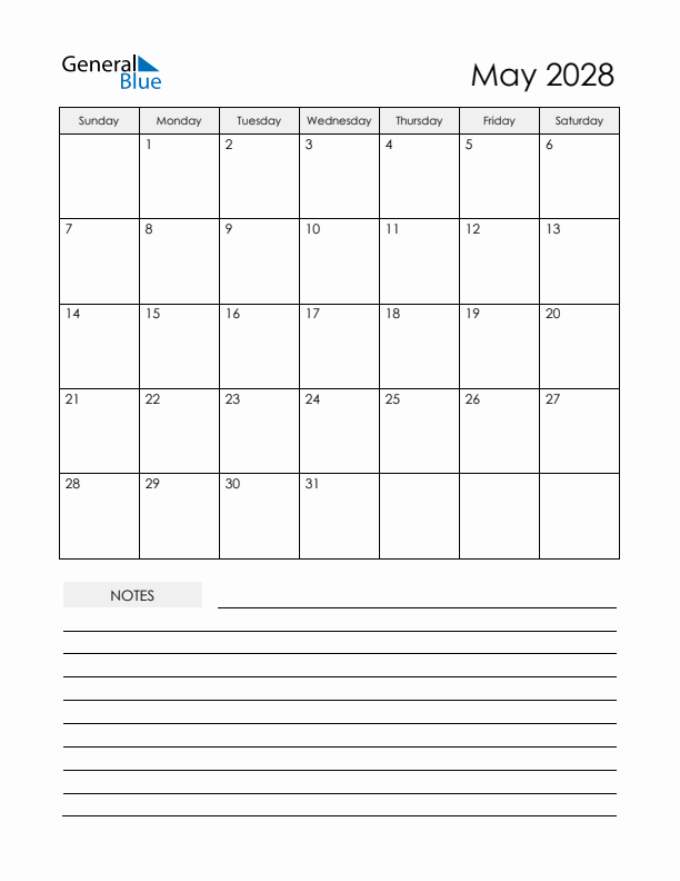 Printable Calendar with Notes - May 2028 