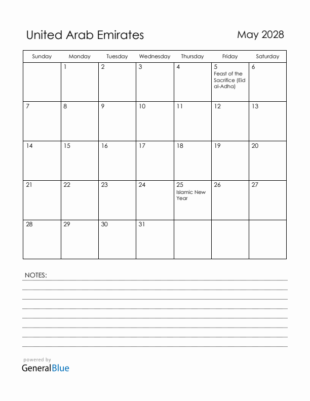 May 2028 United Arab Emirates Calendar with Holidays (Sunday Start)