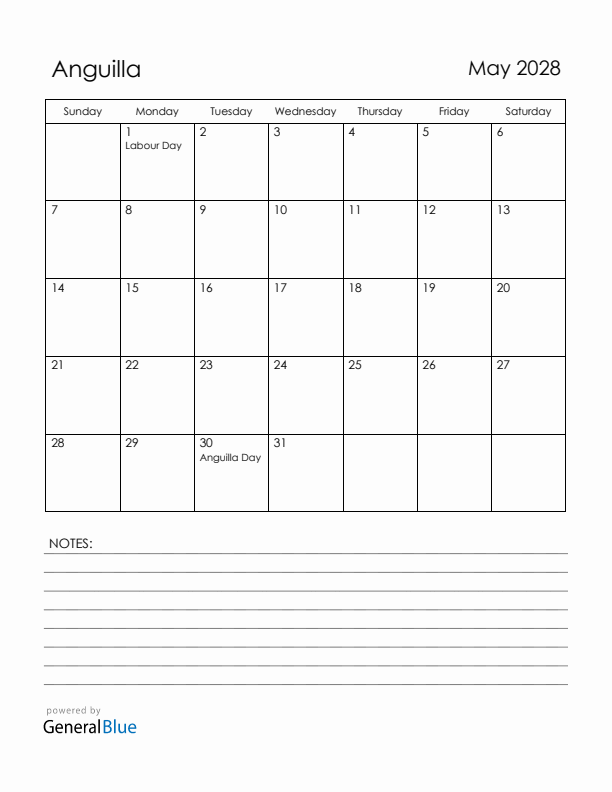 May 2028 Anguilla Calendar with Holidays (Sunday Start)