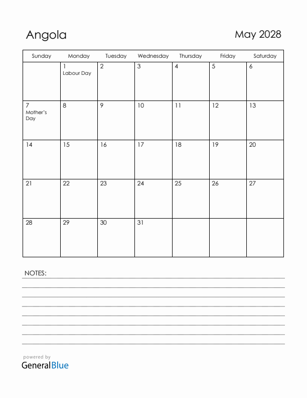 May 2028 Angola Calendar with Holidays (Sunday Start)