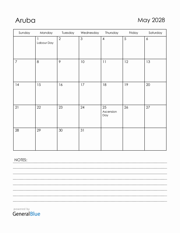 May 2028 Aruba Calendar with Holidays (Sunday Start)