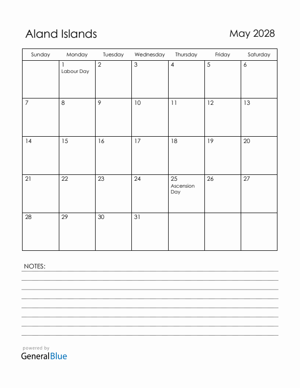 May 2028 Aland Islands Calendar with Holidays (Sunday Start)