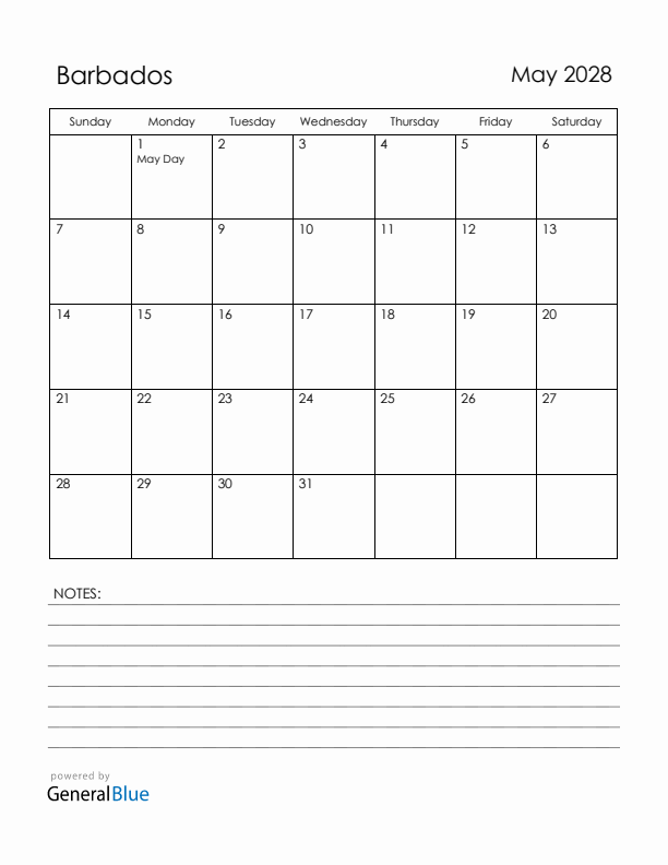 May 2028 Barbados Calendar with Holidays (Sunday Start)