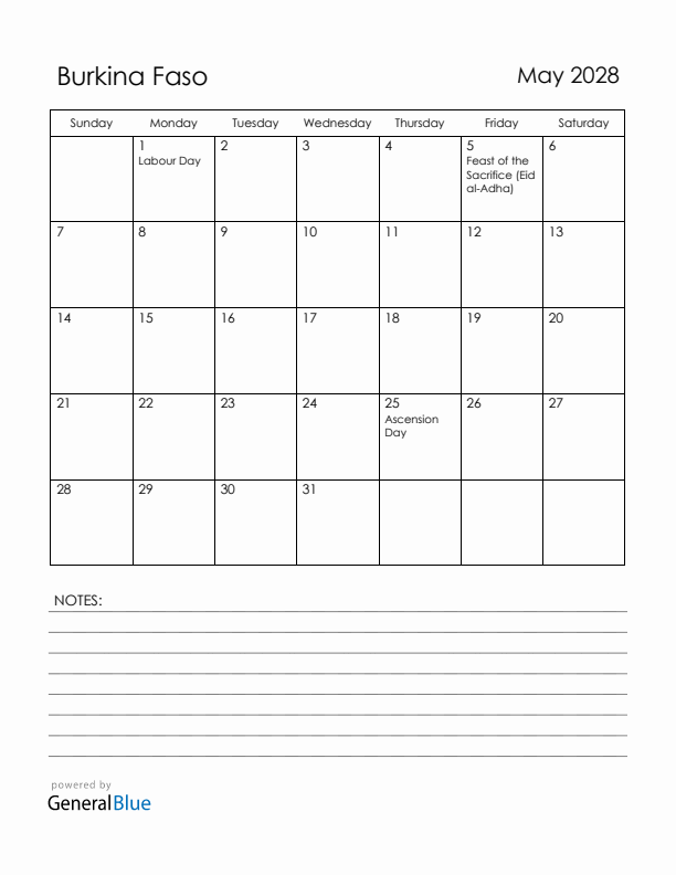May 2028 Burkina Faso Calendar with Holidays (Sunday Start)
