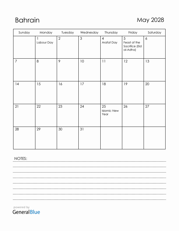 May 2028 Bahrain Calendar with Holidays (Sunday Start)