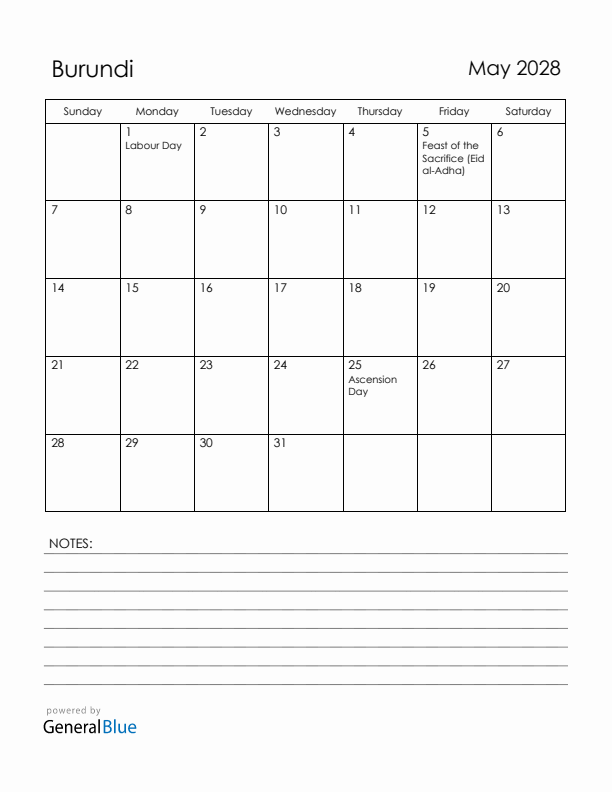 May 2028 Burundi Calendar with Holidays (Sunday Start)