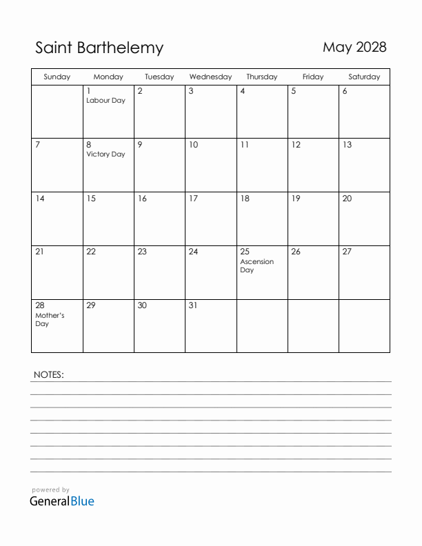 May 2028 Saint Barthelemy Calendar with Holidays (Sunday Start)
