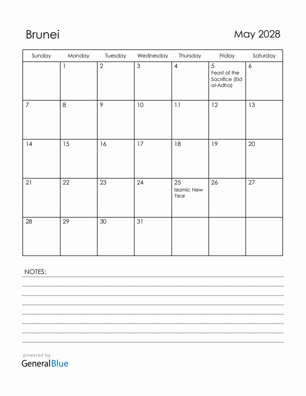 May 2028 Brunei Calendar with Holidays (Sunday Start)